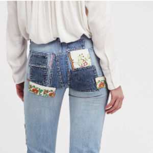 Free People Patchwork Button Front Bohemian Jeans – Size 26 NWT
